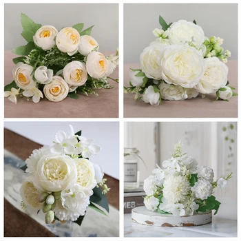 1 Buchet de albe Flori Artificiale Bujor Ceai de Trandafiri de Toamnă Mătase Flori False pentru DIY Living Home Garden Decor de Nunta