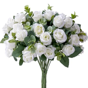 10 Capete de Flori Artificiale de Mătase Trandafir alb, frunze de Eucalipt Bujor Buchet de Flori False pentru Masă de Nuntă Petrecere Vaza Decor Acasă