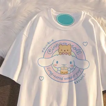100% bumbac Sanrio Kawaii Cinnamoroll fete desene animate cu mânecă scurtă t-shirt de vară stil nou mijloc și de mare pentru copii top chic