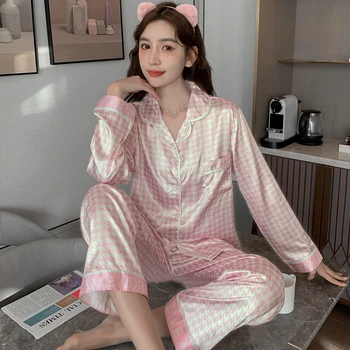 100% Pijamale de Mătase pentru Femei Cardigan cu Maneci Lungi Pantaloni Două Piese din Satin Femei Vrac Casual Lux Homewear Sexy si Damele de Pijama Set