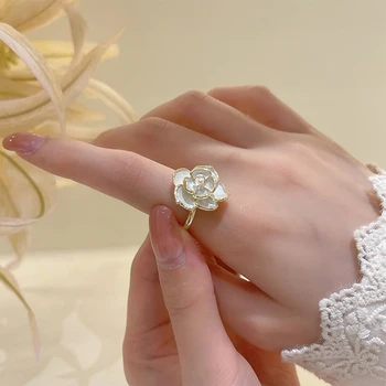 14K Aur Adevărat Inele Perla Flori Nou Elegant Alb Picură Ulei Camellia Inele de Femeie coreean Bijuterii Fată Partid Accesorii
