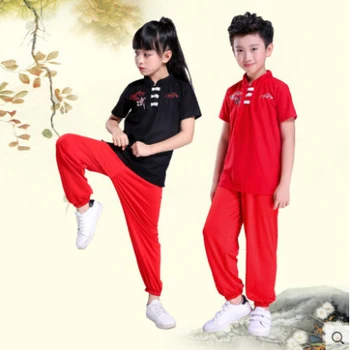 2 buc Tradițională Chineză kung fu Uniforme Pantaloni de Top Seturi pentru Copil de Îmbrăcăminte Retro Tai Chi Practică Costume Copii Rosu Kung Fu