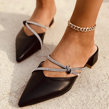 2021 Femei Subliniat de la Picior Toc mic Papuci Femeie Cristal Arc Pantofi Femei din Piele PU Doamnelor Vara Petrecere de Birou Elegant Încălțăminte