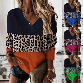 2022 Femei de Moda Liber Casual cu Maneca Lunga Print Leopard Print Floral V Gâtului Primăvară și de Toamnă Topuri Bluze Pulover