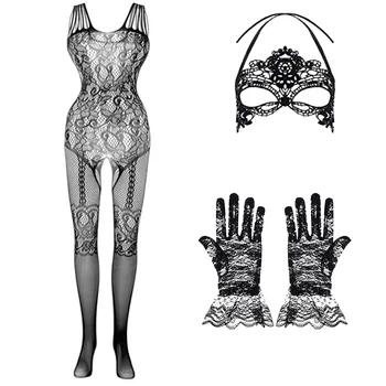 3 ÎN 1 Set Exotic Costume +Ochiuri Jacquard Mănuși+Dantela Masca de Bal Mascat Femei Lenjerie Fishnet Bodystockings Teddies Mujer
