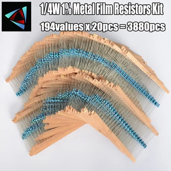 3880pcs 1/4W 0.25 W 194Valuesx20Pcs 0.1 R~22M 1% Metal Film Rezistor Asortate Kit