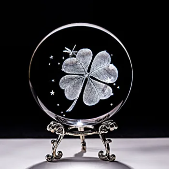 6CM glob de Cristal Patru Frunze de Trifoi Miniaturi 3D cu Laser Gravat Sferă de Sticlă Prespapier Acasă Ornamente Decor, Cadouri, Figurine
