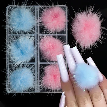 6Pcs/set Pompoms de Pluș Unghii Farmece Decor Pufos Moale ghem de blană Detașabil Magnet Bijuterii 3D Nail Art Manichiura Accesorii