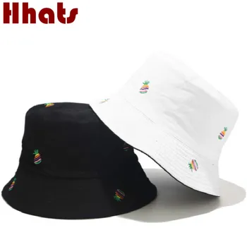 Ananas Găleată Pălărie Capac Moda Bumbac Reversibile Femei Pălărie Două Laterale Purta Broderie Pescuit Palarie De Soare Drumeții Plaja Panama Bob
