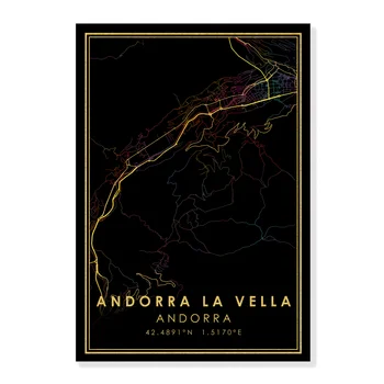 Andorra la Vella AUR DRUMURI Rainbow City Harta Print Andorra Poster Canvas Wall Art-Negru Imaginile pentru Camera de zi
