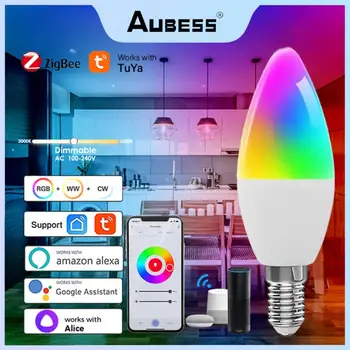 Aubess E14 Zigbee Inteligent Bec AC100-240V RGBCW Estompat Bec LED de Control Vocal Pentru Yandex Alice Alexa de Start Google