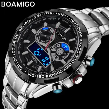 barbati ceasuri sport militare din oțel ceas digital Luminos de mână cuarț ceas 2017 BOAMIGO argint cadou 30m rezistent la apa ceasuri de mana