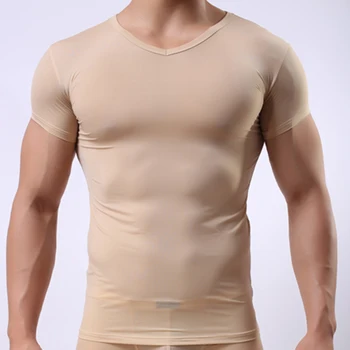 Barbati Maieu Om Vedea Prin Tricouri Gay Transparente Sexy Cămașă de Bază Matase de Gheață Ultra-subțire V-gât Topuri cu Mâneci Scurte de Fitness