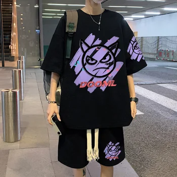 Barbati Treninguri Largi Grafic De Imprimare Bărbați Seturi Scurte Coreean Harajuku Strada Mare T-Shirt, Pantaloni Sudoare Două Bucata Set De Vara