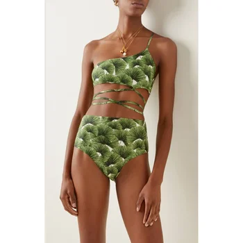 Bikini Sexy Verde Tipărite Împinge în Sus Bikini 2022 Fierbinte O curea de Umăr Talie Mare de costume de Baie Femei Costume de baie Femei Bikini