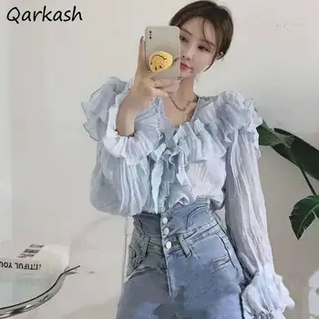 Bluze Femei Volane Solid Elegant V-neck Retro de Design de Primăvară de Agrement coreeană Stil All-meci Moda de sex Feminin Moale Șifon Ins