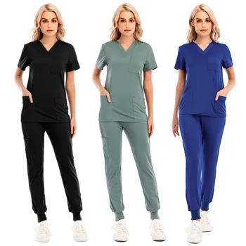 Bluze pentru femei Maneci Scurte Topuri+pantaloni de asistenta Medicala de Lucru Uniforme, Cu Buzunar Set Tricou V-neck Salopete Pentru Femei, Haine de Îngrijire medicală