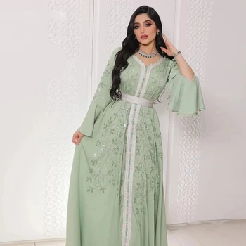 Caftan Marocan Rochii De Seara Verde Elegant Cu Margele Dantelă Arabă Abaya Formale Rochie De Bal 2022 Mâneci Lungi Dubai Robe