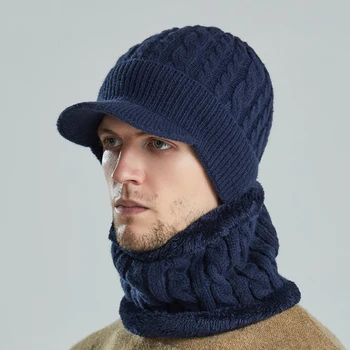 Cald de Iarna barbati cu Dungi Refuz Tricotate Pălării în aer liber Gros Plus Fleece Windproof Cap de Schi Gat Capace cu Eșarfă
