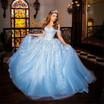 Cer Albastru Printesa Rochii Quinceanera de Pe Umăr Aplici Dantelă Rochie de Bal Dulce 16 Rochii vestidos de 15 años Personalizate