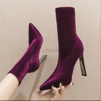 Cizme cu toc înalt Femeie Botine Femei Cizme Scurte de sex Feminin a Subliniat degetele de la picioare anti-Alunecare pe Slim Toamna/Iarna Pantofi Violet Negru