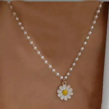 Colier Moda Bijuterii Drăguț Little Daisy Colier De Simulare Lanț Pearl Crizantema Clavicula Lanț Colier Pentru Femei En-Gros