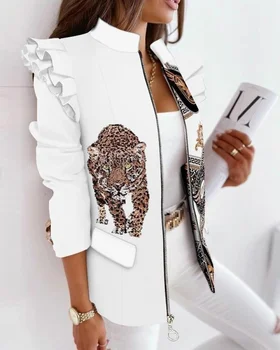 Colorate Blazer Jacheta pentru Femei Leopard Imprimate Ciufulit mâneci Lungi cu Fermoar Tipărite Potrivi Plus Dimensiune Îmbrăcăminte pentru Femei, Sacouri