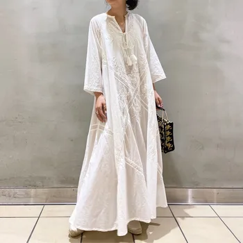 coreeană japonia femei rochie de vară 2021 alb Dantela-Up Print cu Maneci Lungi Casual, Office Lady Pulover Feminin lung maxi Rochii