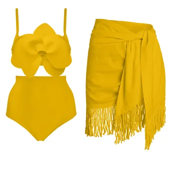 Culoare Solidă De Flori Tridimensionale Bikini Din Două Piese De Mare Waisted Taie Sling Costume De Baie Femei De Moda Backless Beachwear Push-Up-Uri
