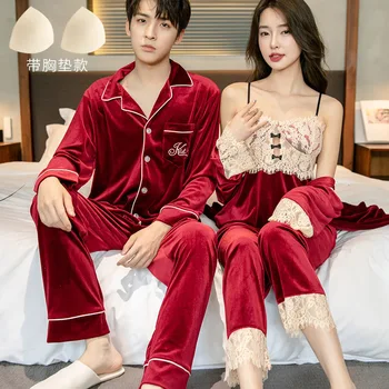 Cuplu de Catifea Pijamale Costum de Velur Bărbați Cămașă Pantaloni 2 buc îmbrăcăminte de noapte pentru Femei Haina Pantaloni Sling 3Pcs Iubitorii de Toamnă Sleepwear Homewear