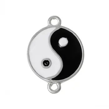 DoreenBeads Conectori Constatările de Argint Rotunde de Culoare Yin Yang Model Email Alb Negru 20,0 mm x 15.0 mm,10 Buc