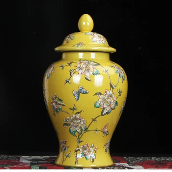 Elegant, Galben, Vaza Ceramica cu Capac Fluture Flori Decorative Vas Borcan Ghimbir Forma Vase de Portelan cu Capac Borcan cu capac