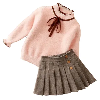 Fata de iarna Rochie din Două piese de Pluș lână cald Îmbrăcăminte de Modă Colocare pulover+ Student de lână fusta scurta de Iarna Copilului Pânză