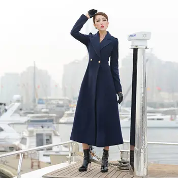 Femei Iarna Haină De Lână Anglia Stil Bleumarin Cu Rever Dublu Rânduri Lung Îngroșa Calde De Lana Palton Femei Trenci Ofițeresc