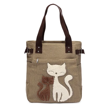 Femei messenger geantă de mână sac de panza cu pisica drăguț mici cumparaturi geanta de umar de culoare Kaki