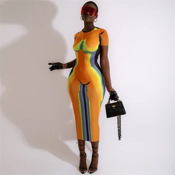 Femeile 3D Corp de Imprimare Midi Rochii de Vara pentru Femei Scurte Gât Rotund Maneca Bodycon Noapte Clubwear Y2K Chic Streetwear Haine