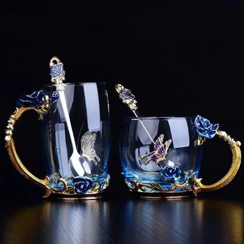 Frumusețea Și Noutatea Email Ceașcă de Cafea Cana de Ceai de Flori de Sticlă, Pahare pentru Băuturi Calde și Reci Ceașcă de Ceai Lingură Set Cadou de Nunta Perfecta