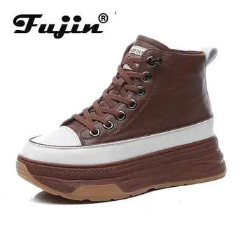 Fujin 7cm Naturale din Piele de Înaltă Top Platforma Wedge Cizme cu Toc Ascunse Primavara Toamna Adidasi Femei Botine Femei Pantofi