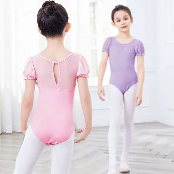 Gimnastica Tricou Fete Puf Mâneci Balet Tricou Mâneci Scurte Body Plasă De Îmbinare Drop Gol Înapoi Costume De Dans Copii