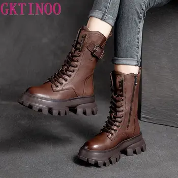 GKTINOO Vintage Retro Platforma de Femei la Jumătatea Vițel Cizme lucrate Manual Rotund Toe Med Pantofi cu Toc Pentru Femei din Piele Cizme de Femeie