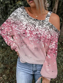 Gradient de Sclipici Floral Dot T-shirt Femei Casual Pierde Umăr Rece Bluza cu Maneci Lungi de Sus Tricouri 2022 toamna Roz Tunic Tee