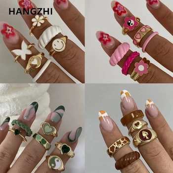 HangZhi 2021 Nou Alb Roz Inima Zâmbet Taichi Inel Fluture Email Inima Stras de Cristal Deschide Inele Set Bijuterii pentru Femei