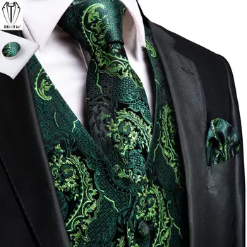 Hi-Cravată de Mătase de Costum Barbati, Veste Verde Floral 4PC Țesute Vestă, Cravată, batistă de Buzunar Set Butoni de Afaceri Rochie de Mireasa Talie Sacou