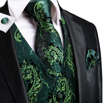 Hi-Cravată Verde Turcoaz Floral Paisley Silk Barbati Slim Vestă, Cravată Set Pentru a se Potrivi Rochie de Mireasa 4BUC Vesta cu Cravata, Batista Buton Set