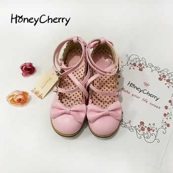 HoneyCherry NOUA Lolita Pantofi Pantofi Printesa Elevii Minunat Pantofi Femei Apartamente Rundă Scăzut Cu Crucea Bretele Papion