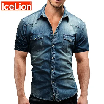 IceLion 2021 Noi Mâneci Scurte Tricou Denim Bărbați Camisa Sociale Masculina Slim Fit Pocket Shirt De Moda Casual Solid Shirt Mens