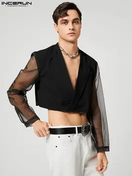 INCERUN Topuri 2022 Stil American Barbati Mesh Împletit Solid Blazer Frumos Bine Montarea de sex Masculin Scurt Casual All-meci Costum S-5XL