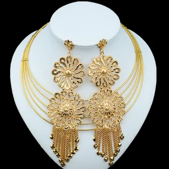 Indian Aur Set de Bijuterii Placat cu Tendință de a Exagera Cercei Lungi și Strat Colier de Nunti, Accesorii pentru Femei, Petrecere de Aniversare
