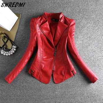 Jachete de primăvară Femei Mandarin Guler Slim Moda Faux din Piele de Înaltă Calitate, de sex Feminin S-4X Motocicleta Haină Roșie SWREDMI