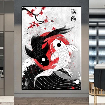 Koi de Pește Feng Shui Crap Iaz de Lotus Imagini Pictura in Ulei pe Panza, Postere si Printuri Cuadros de Arta de Perete Imaginile Pentru Camera de zi
